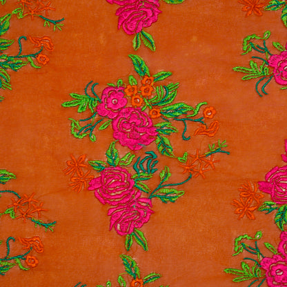 Zaira Rust Viscose Georgette Embroidered Fabric in Jaal Pattern