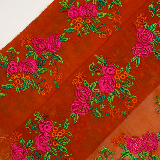 Zaira Rust Viscose Georgette Embroidered Fabric in Jaal Pattern