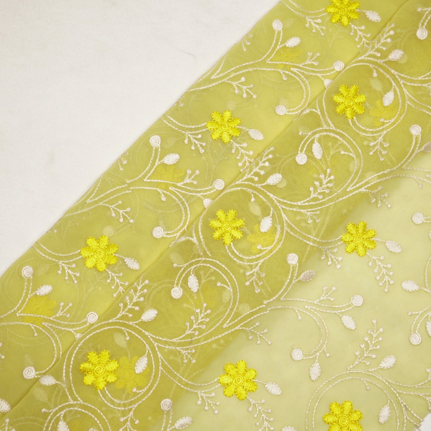 Navya Lemon Mul Chanderi Embroidered Fabric in Floral Jaal Pattern