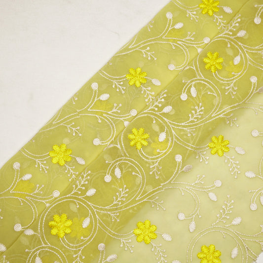 Navya Lemon Mul Chanderi Embroidered Fabric in Floral Jaal Pattern