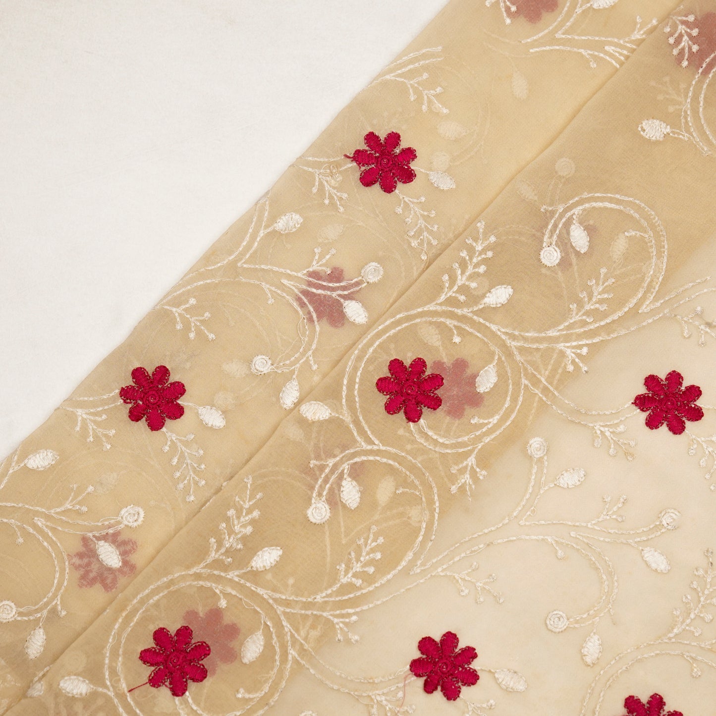 Navya Light Beige Mul Chanderi Embroidered Fabric in Floral Jaal Pattern