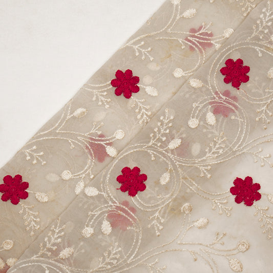 Navya Ivory Mul Chanderi Embroidered Fabric in Floral Jaal Pattern