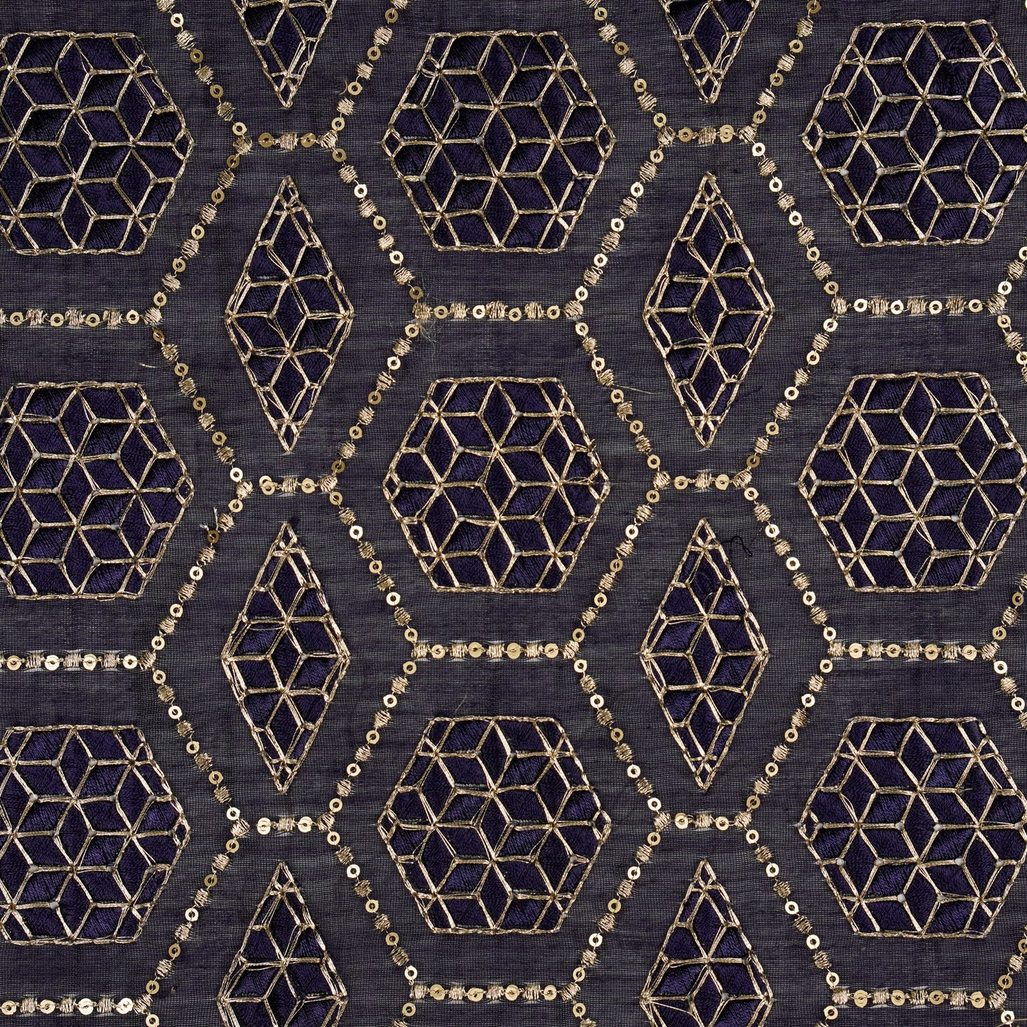 Fahm Sequins Navy Blue Chanderi Embroidered Fabric in Jaal Pattern