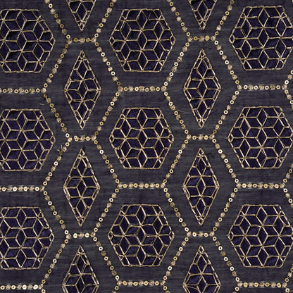 Fahm Sequins Navy Blue Chanderi Embroidered Fabric in Jaal Pattern