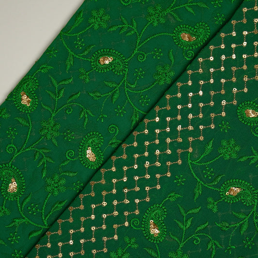 Amena Sequins Green Viscose Georgette Embroidered Fabric in Jaal Pattern
