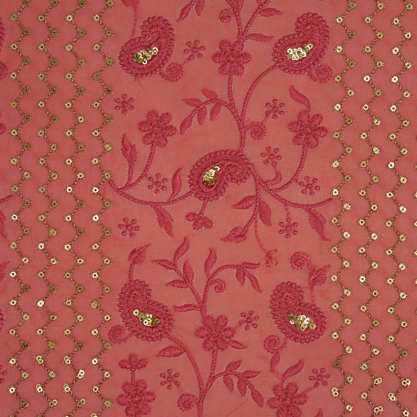 Amena Sequins Tomato Red Viscose Georgette Embroidered Fabric in Jaal Pattern