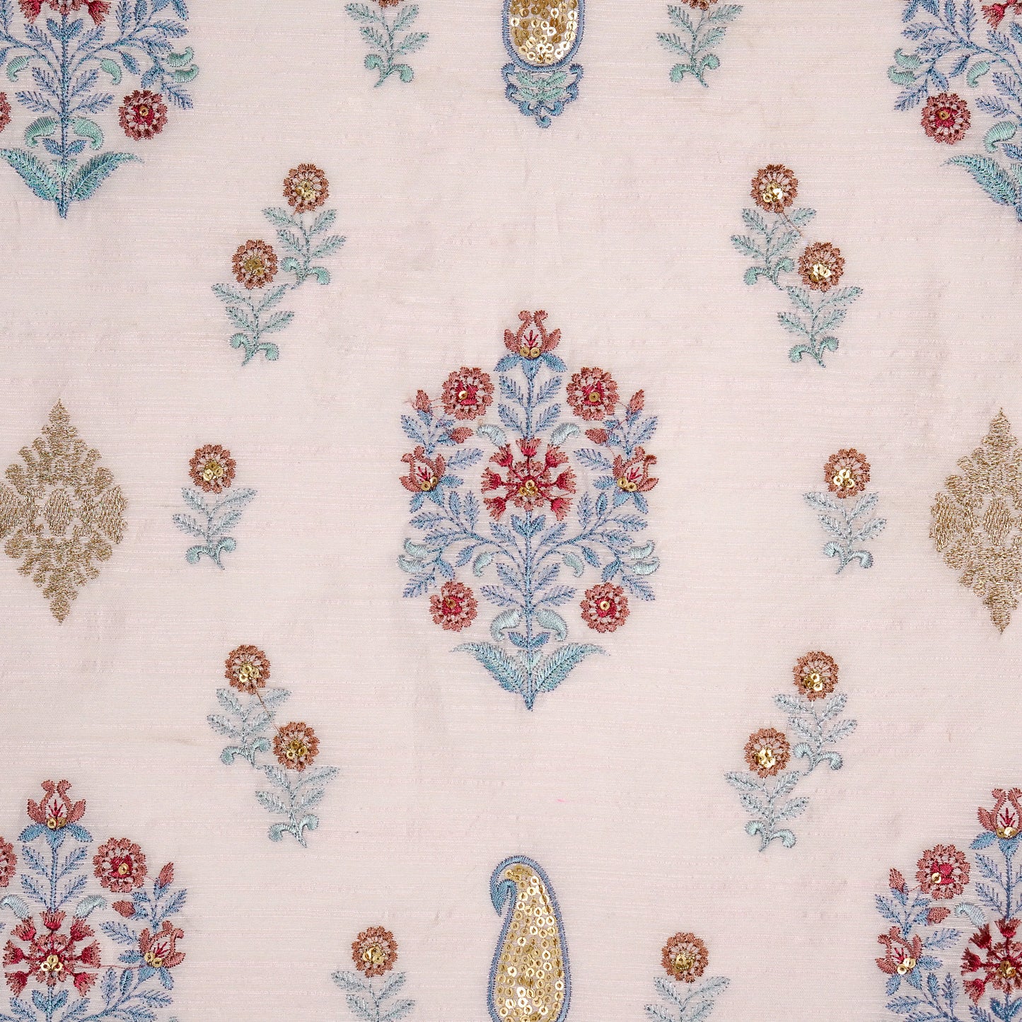 Eira Baby Pink Dola Silk Embroidered Fabric in Buta Buti Mixture Pattern