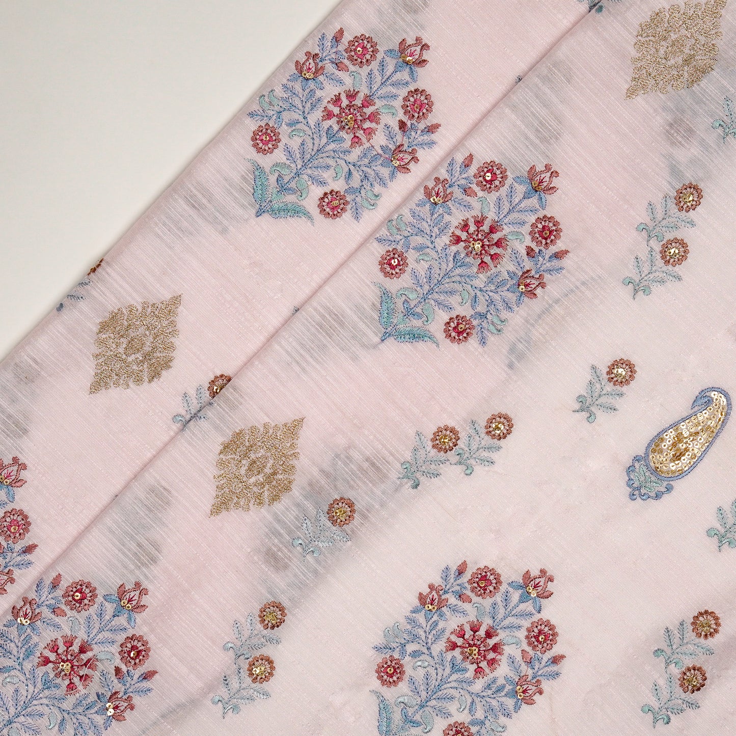 Eira Baby Pink Dola Silk Embroidered Fabric in Buta Buti Mixture Pattern