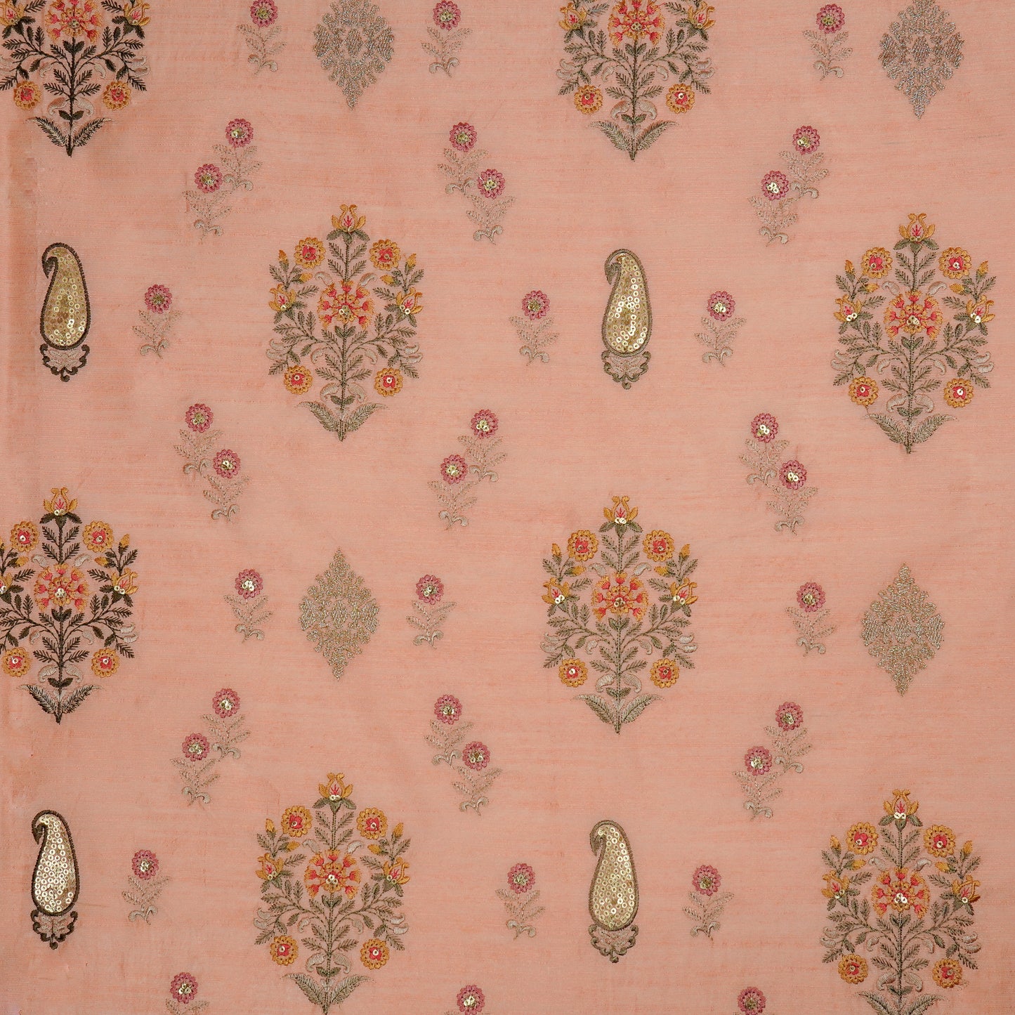 Eira Peach Dola Silk Embroidered Fabric in Buta Buti Mixture Pattern