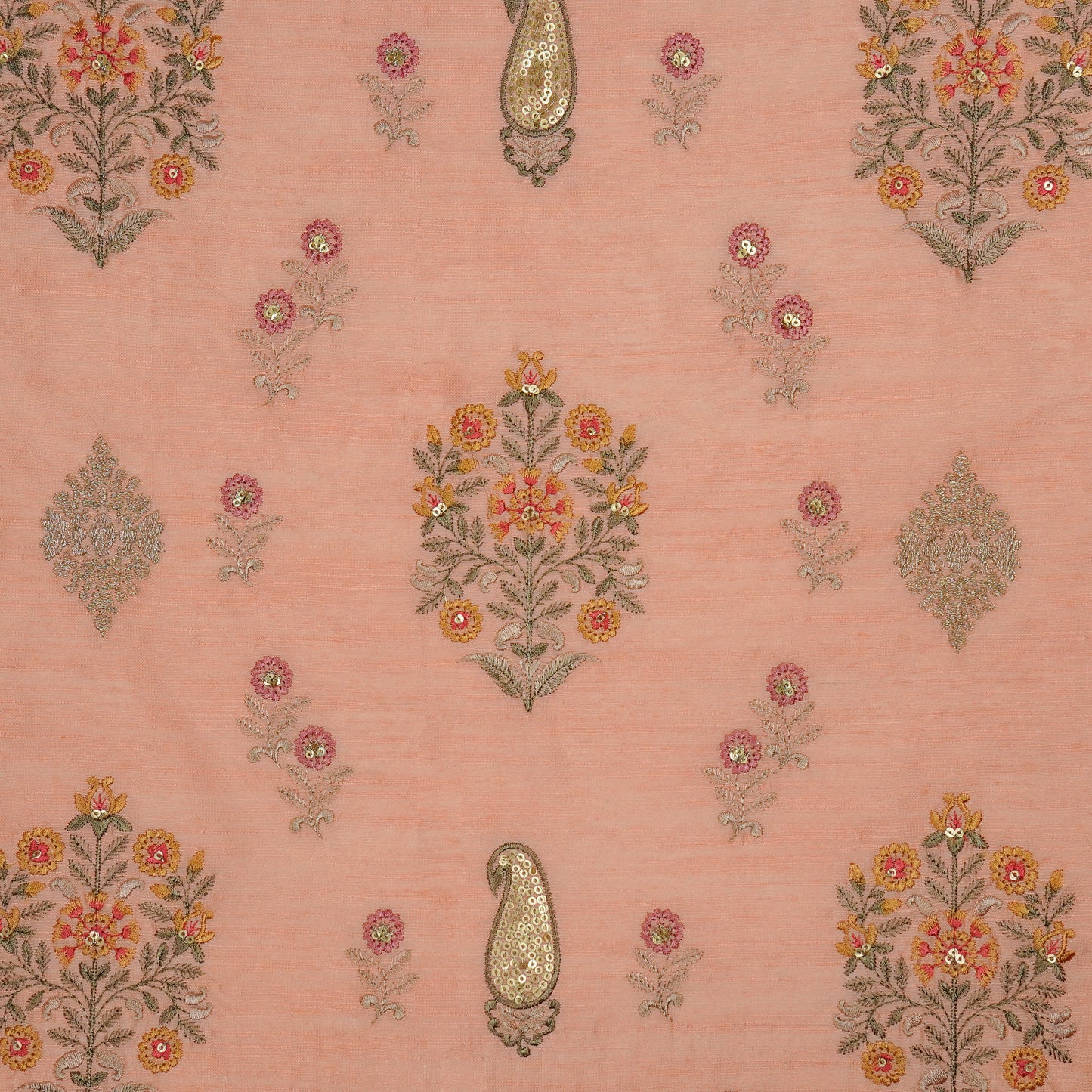 Eira Peach Dola Silk Embroidered Fabric in Buta Buti Mixture Pattern