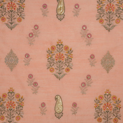 Eira Peach Dola Silk Embroidered Fabric in Buta Buti Mixture Pattern