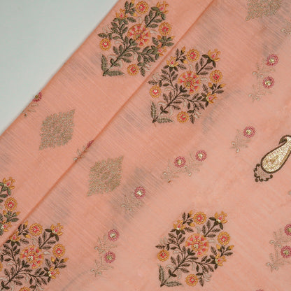 Eira Peach Dola Silk Embroidered Fabric in Buta Buti Mixture Pattern