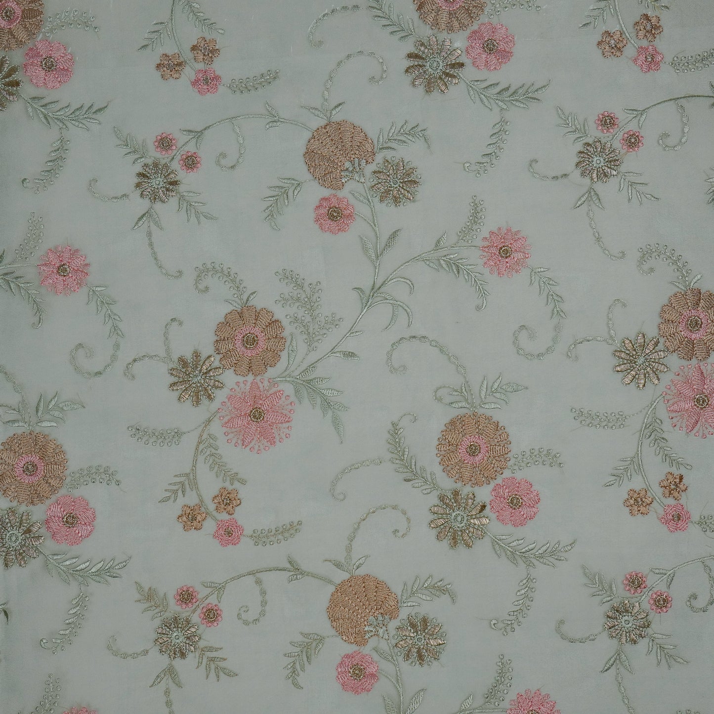 Munira Floral Aqua Marine Viscose Organza Embroidered Fabric in Jaal Pattern