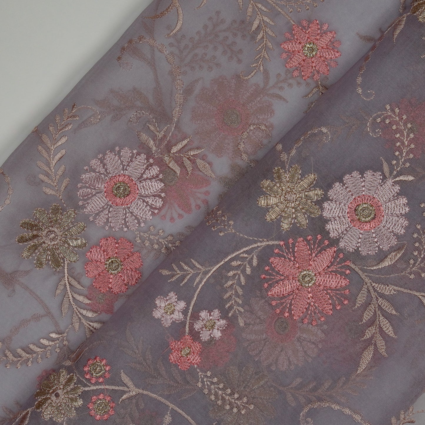 Munira Floral Mauve Viscose Organza Embroidered Fabric in Jaal Pattern