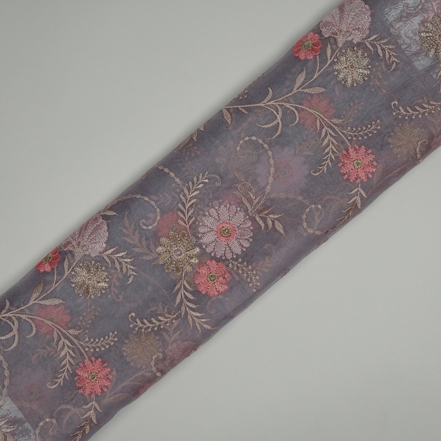 Munira Floral Mauve Viscose Organza Embroidered Fabric in Jaal Pattern