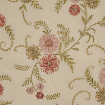 Munira Floral Beige Viscose Organza Embroidered Fabric in Jaal Pattern