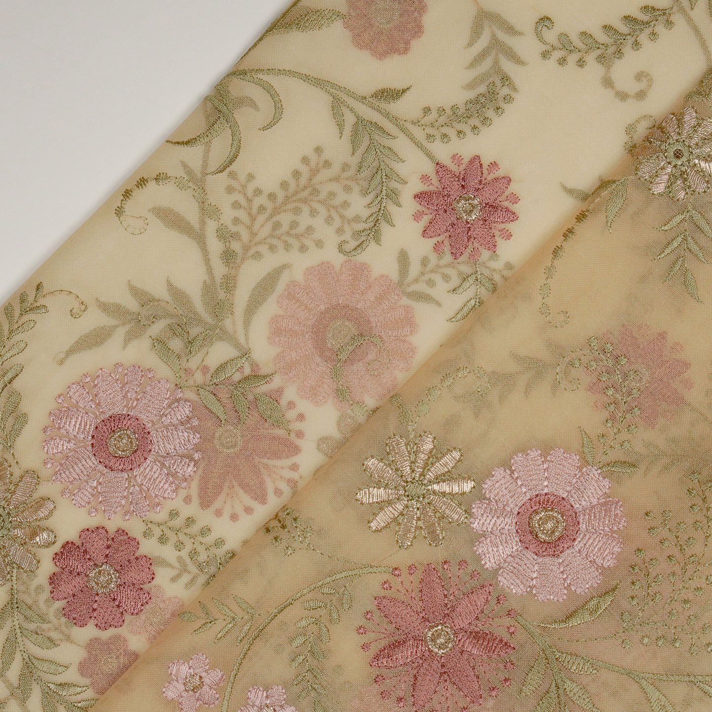 Munira Floral Beige Viscose Organza Embroidered Fabric in Jaal Pattern