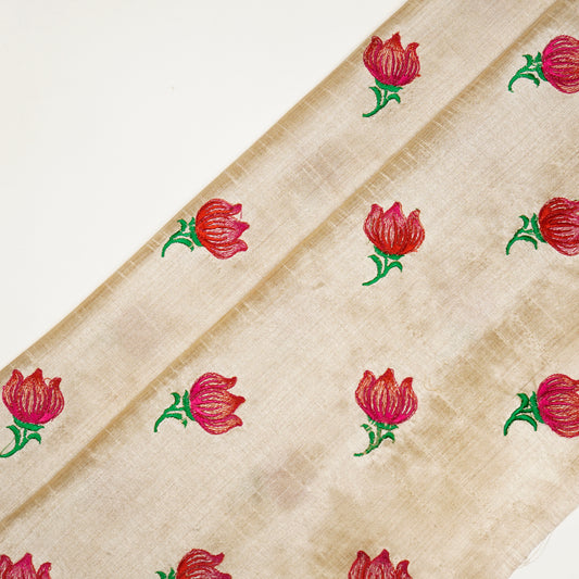 Naim Natural/Red Dola Silk Embroidered Fabric in Buta Pattern