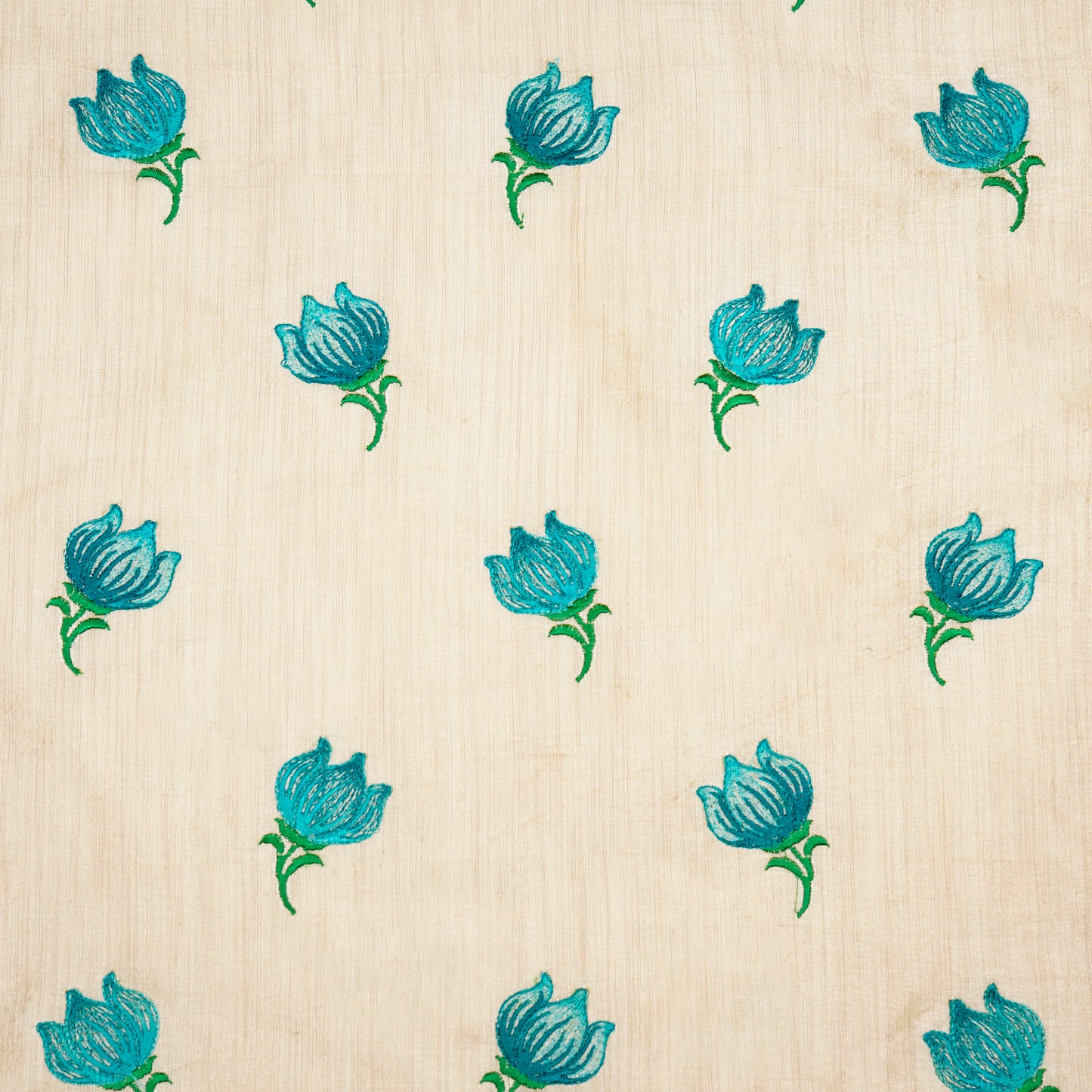 Naim Natural/Aqua Viscose Raw Silk Embroidered Fabric in Buta Pattern