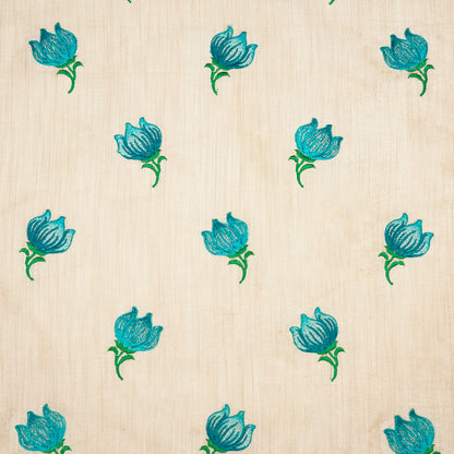 Naim Natural/Aqua Dola Silk Embroidered Fabric in Buta Pattern