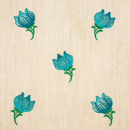 Naim Natural/Aqua Viscose Raw Silk Embroidered Fabric in Buta Pattern