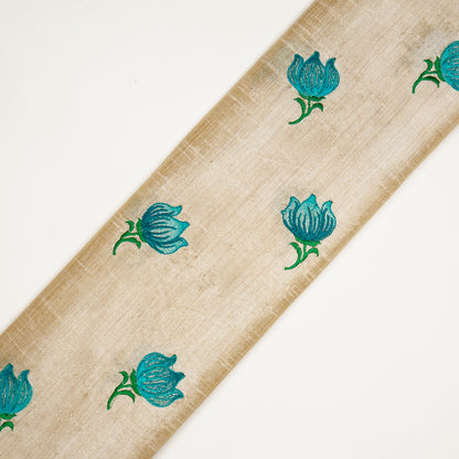 Naim Natural/Aqua Viscose Raw Silk Embroidered Fabric in Buta Pattern