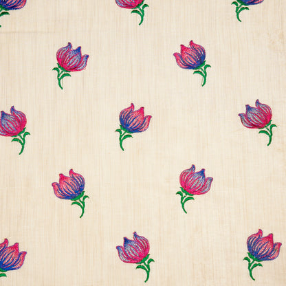 Naim Natural/Blue Dola Silk Embroidered Fabric in Buta Pattern