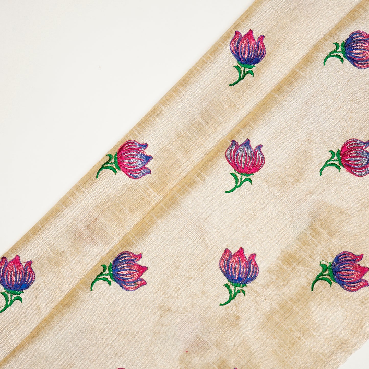 Naim Natural/Blue Dola Silk Embroidered Fabric in Buta Pattern