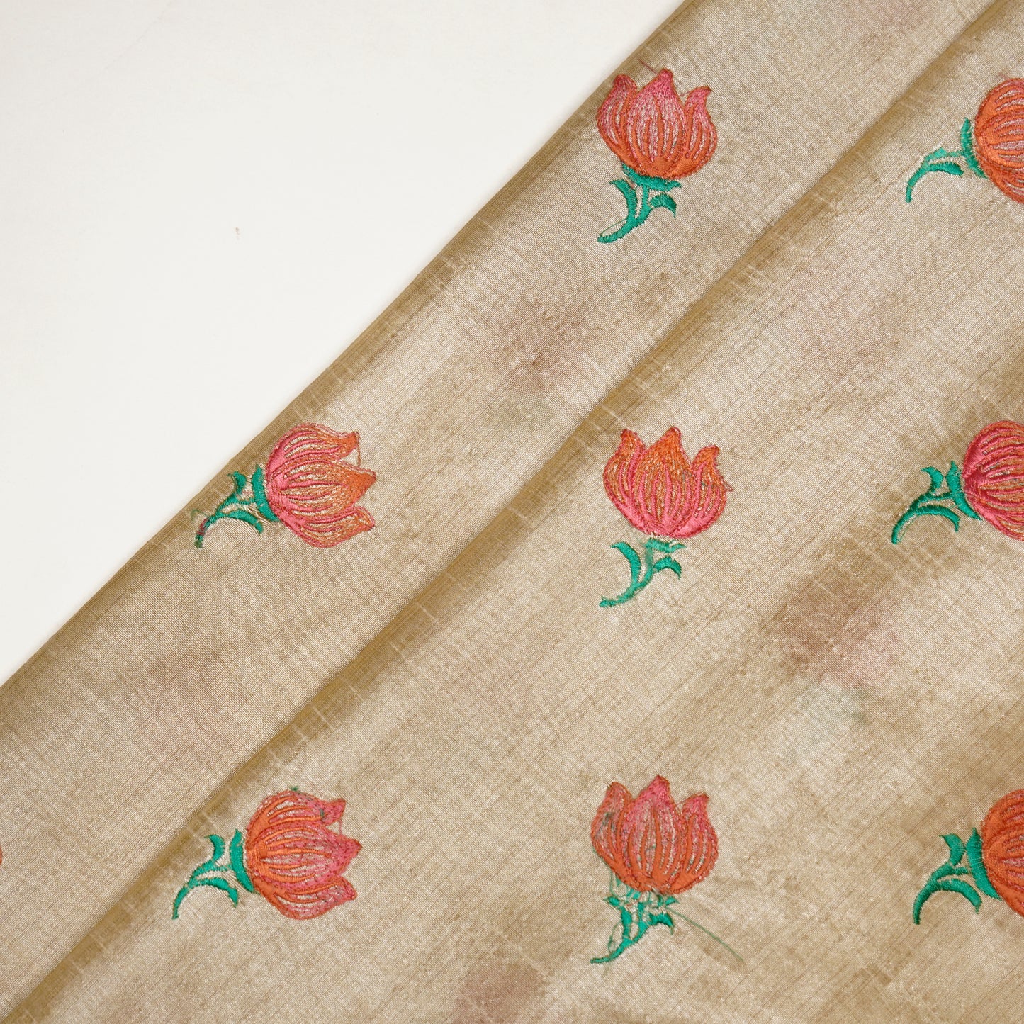 Naim Natural/Peach Dola Silk Embroidered Fabric in Buta Pattern