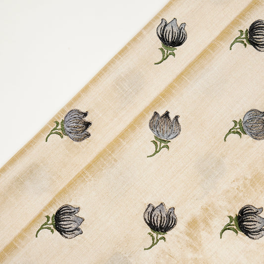 Naim Natural/Black Dola Silk Embroidered Fabric in Buta Pattern