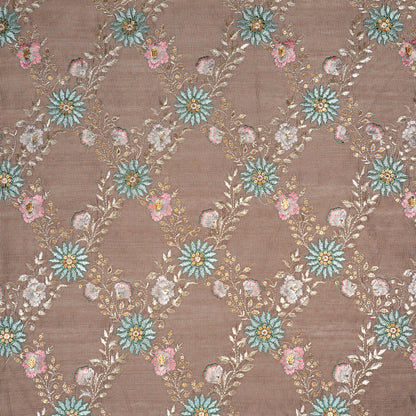 Esana Deep Onion Dola Silk Embroidered Fabric in Jaal Pattern