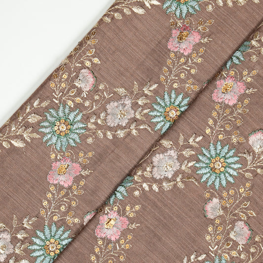 Esana Deep Onion Dola Silk Embroidered Fabric in Jaal Pattern