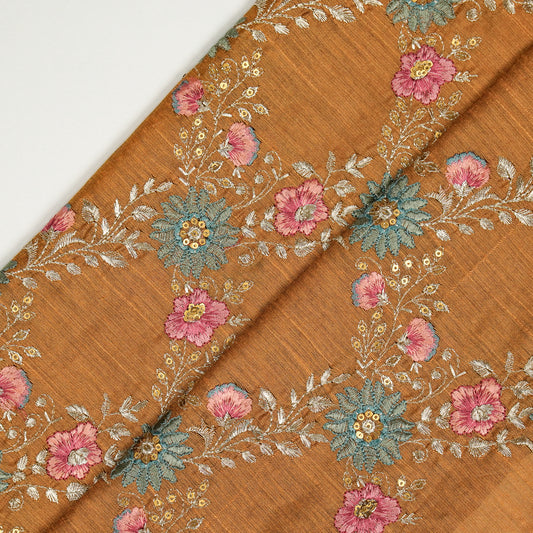 Esana Mustard Dola Silk Embroidered Fabric in Jaal Pattern