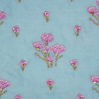 Intisar Sky Blue Chanderi Embroidered Fabric in Buta Buti Mixture Pattern
