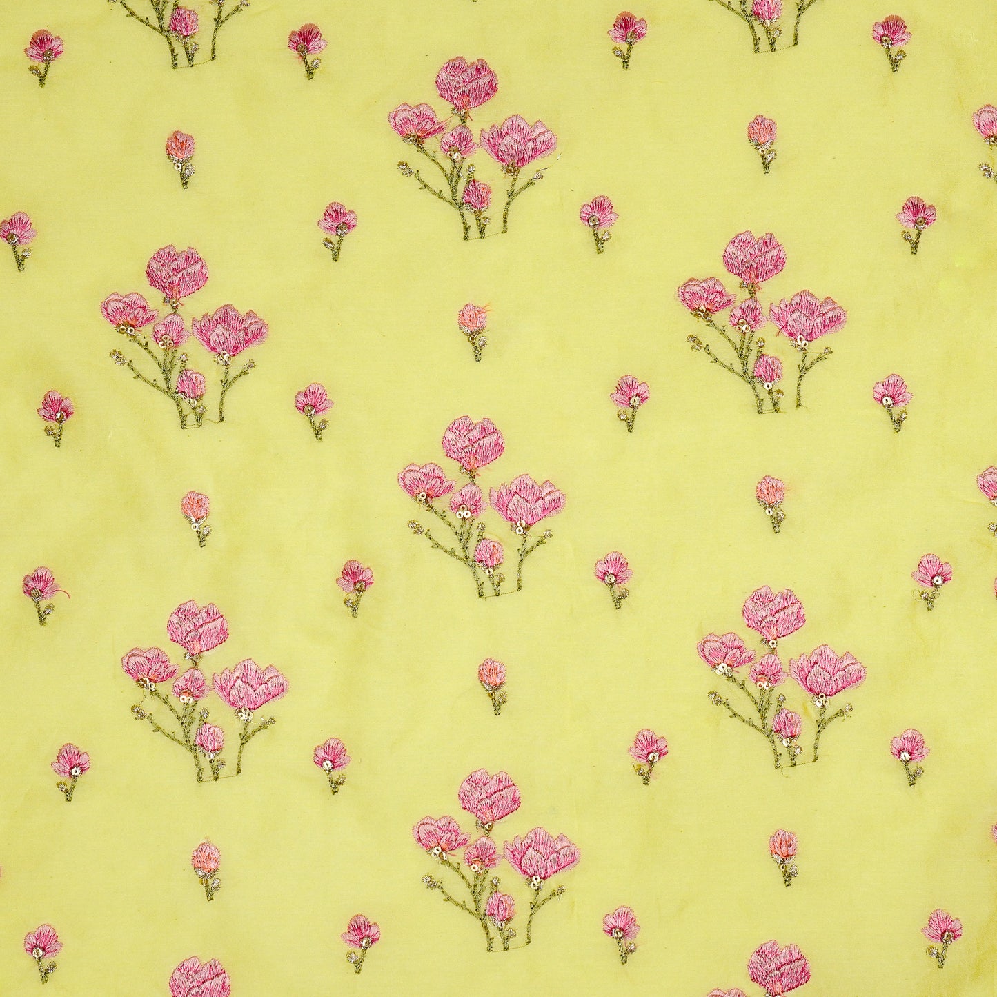 Intisar Lemon Chanderi Embroidered Fabric in Buta Buti Mixture Pattern