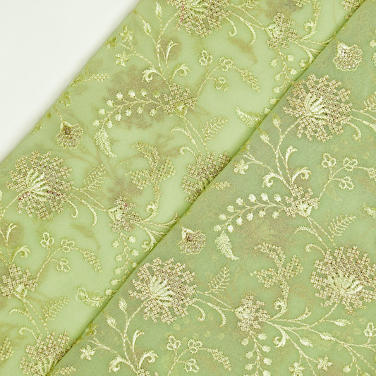 Reyah Sea Green Viscose Georgette Embroidered Fabric in Jaal Pattern