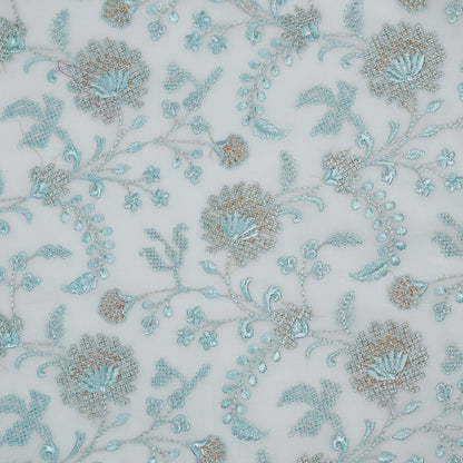 Reyah Light Aqua Viscose Georgette Embroidered Fabric in Jaal Pattern