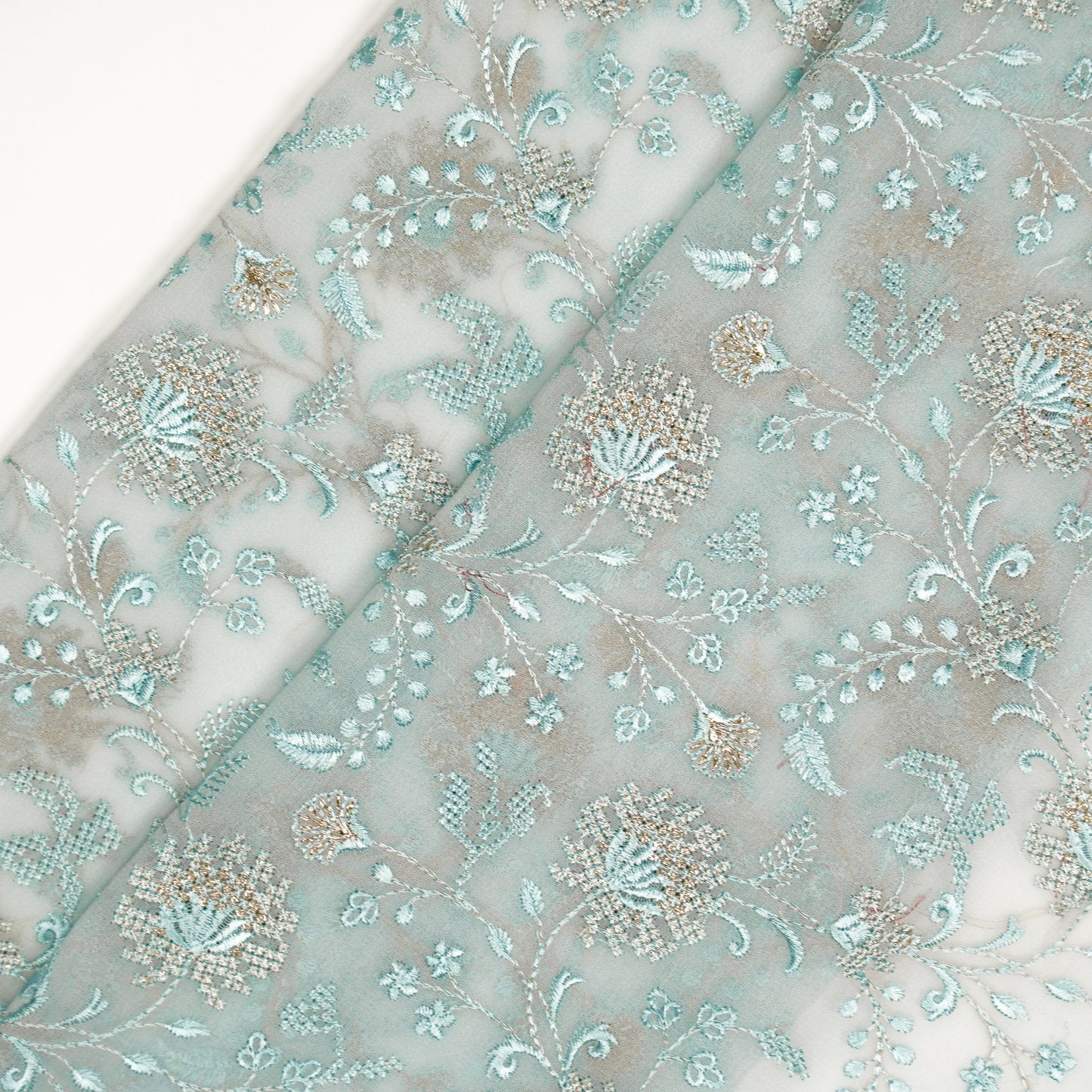 Reyah Light Aqua Viscose Georgette Embroidered Fabric in Jaal Pattern