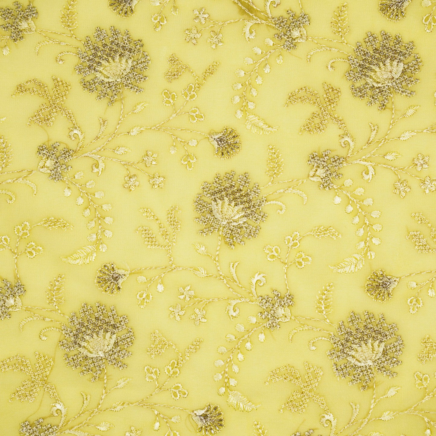 Reyah Lemon Viscose Georgette Embroidered Fabric in Jaal Pattern