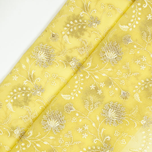 Reyah Lemon Viscose Georgette Embroidered Fabric in Jaal Pattern