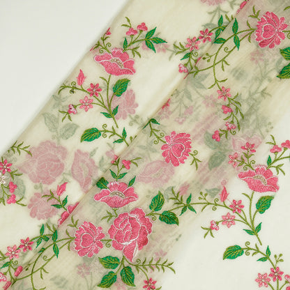 Isra Ivory/Fuxia Chanderi Embroidered Fabric in Jaal Pattern