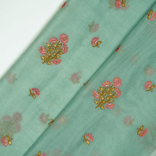 Safiya Light Aqua Chanderi Embroidered Fabric in Buta Buti Mixture Pattern