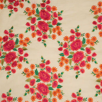 Vasanti Cream Fuxia Chanderi Embroidered Fabric in Floral Buta Pattern