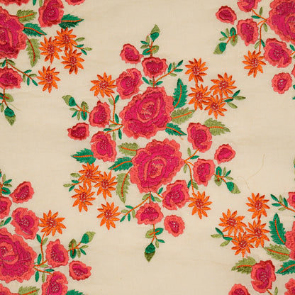 Vasanti Cream Fuxia Chanderi Embroidered Fabric in Floral Buta Pattern