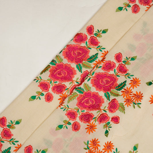 Vasanti Cream Fuxia Chanderi Embroidered Fabric in Floral Buta Pattern