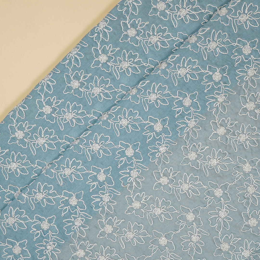 Vaanya Sky Blue Chanderi Embroidered Fabric in Jaal Pattern