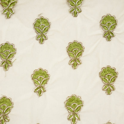 Lylah Ivory/Pista Nylon Net Embroidered Fabric in Buti In Lines Pattern