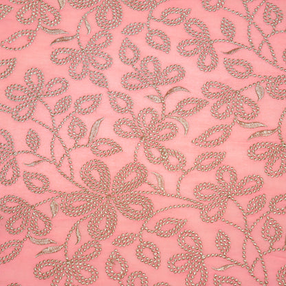 Numaya Light Peach Viscose Georgette Embroidered Fabric in Jaal Pattern