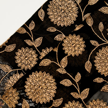 Manjari Black Beige Viscose Georgette Embroidered Fabric in Jaal Pattern