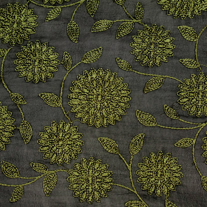 Manjari Black/Moss Green Viscose Georgette Embroidered Fabric in Jaal Pattern